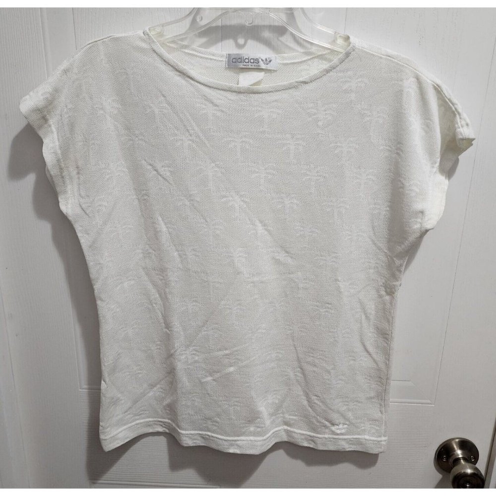 Vintage Adidas Women's Short Sleeve Mesh Top Palm Tree Print White Mesh Sz Small